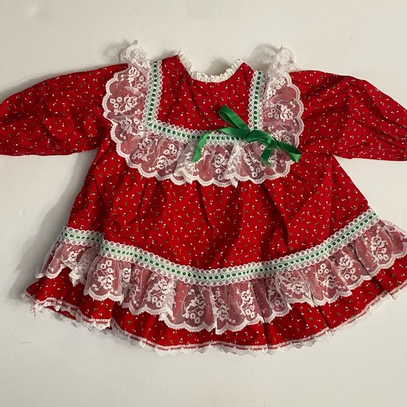 VTG 1980s Bryan Baby Girl 6-9MRed Calico Christmas Dress Lace Green Ribbon Prair - Picture 11 of 15